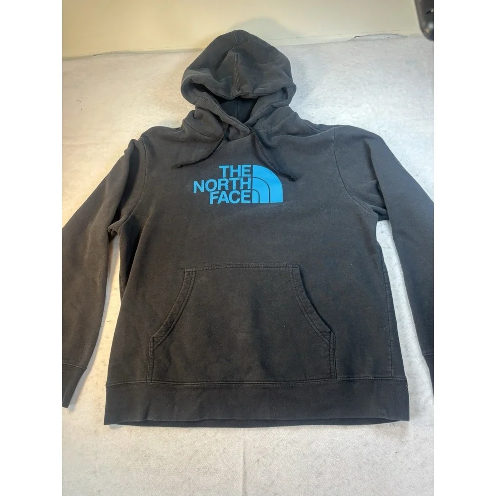 The North Face Men's Large Long Sleeve Blue Letters Logo Black Hoodie Sweatshirt